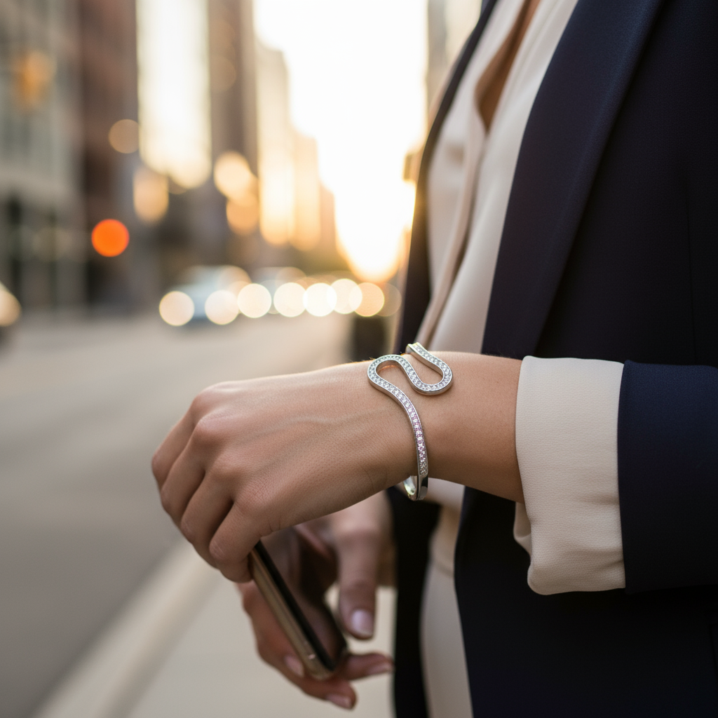 Ατσάλινο βραχιόλι με κυματιστό σχέδιο και ζιργκόν – Crystal Flow Bangle