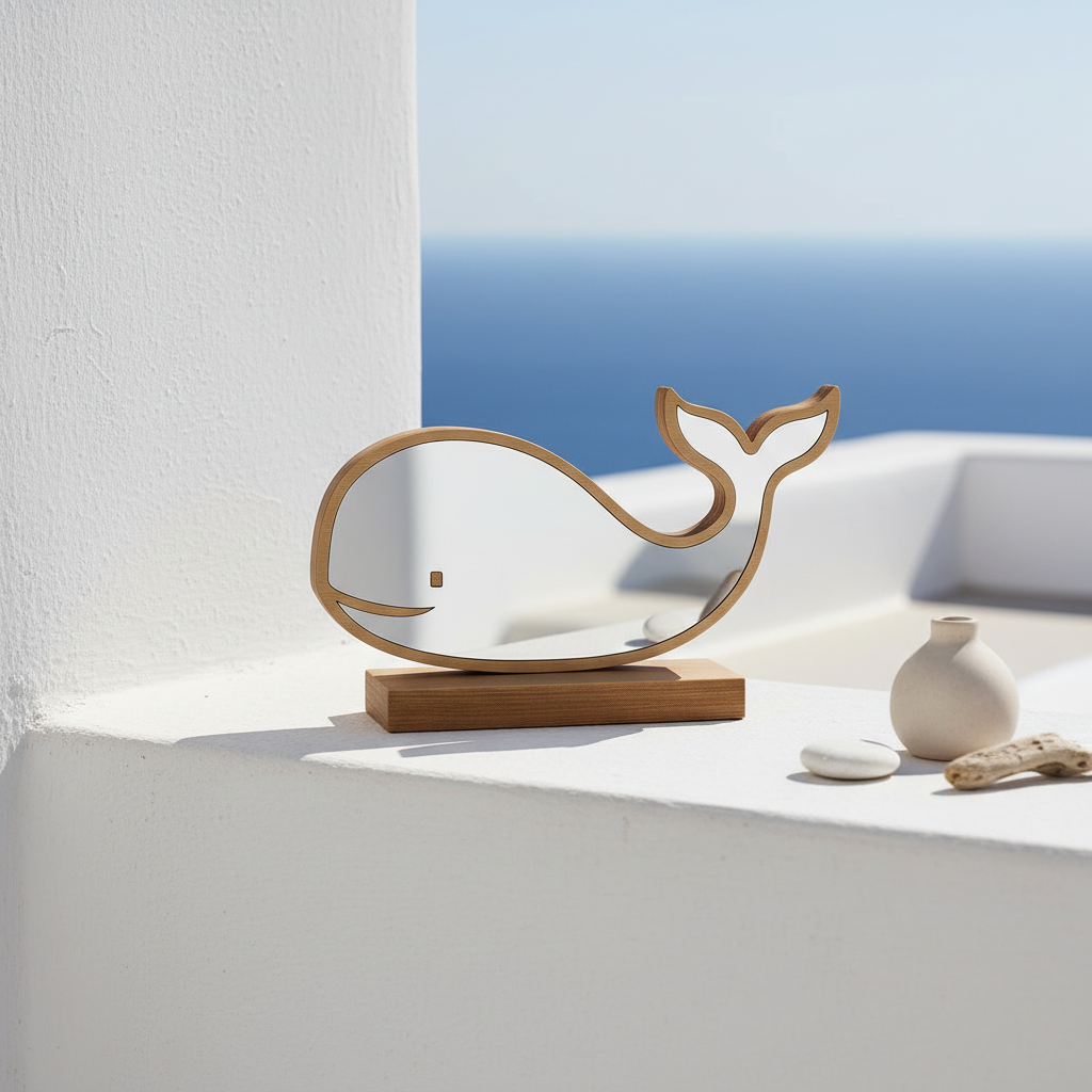 πιτραπέζιο διακοσμητικό φάλαινα από ξύλο με καθρέφτη  silver mirror σε κυκλαδίτικο σκηνικό– So Cute by Dimi