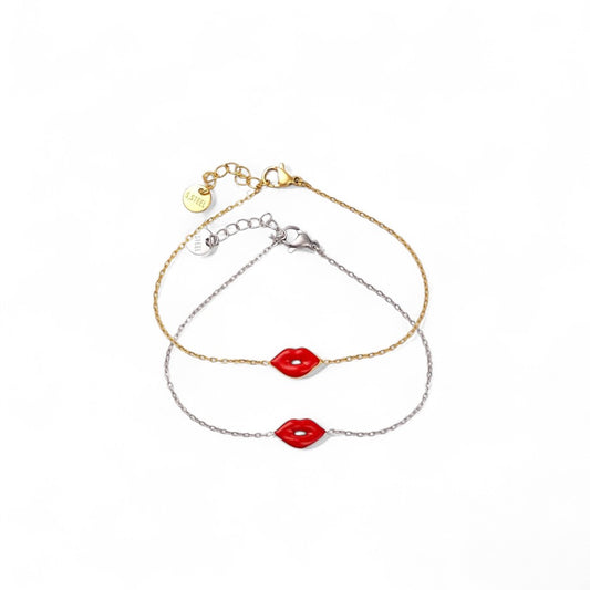 Χονδρικό ατσάλινο βραχιόλι Red Lips με σμάλτο σε χρυσό και ασημί