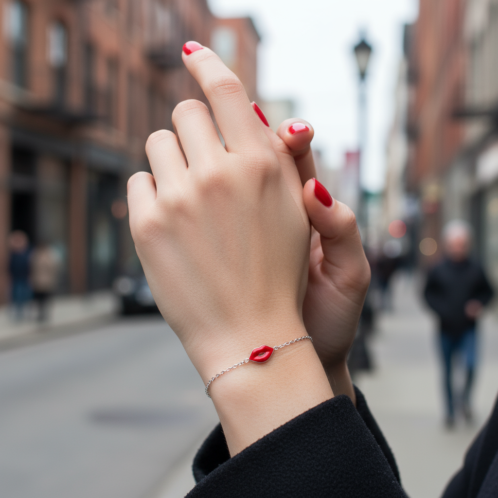 Χονδρικό ατσάλινο βραχιόλι Red Lips με σμάλτο σε χρυσό και ασημί