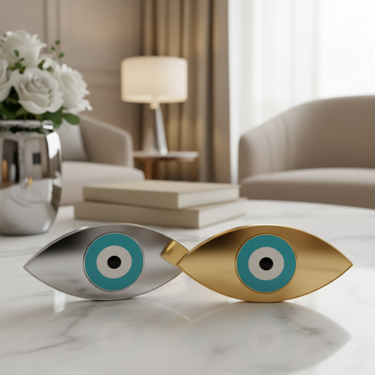 🤍✨ Γούρι Οβάλ Μάτι | Επιτραπέζιο Plexiglass Χρυσός ή Ασημί Καθρέφτης