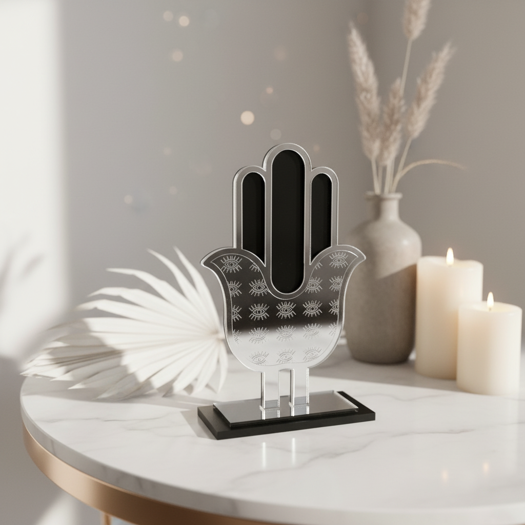 Χονδρική – επιτραπέζιο γούρι χεράκι από μαύρο plexiglass με  ασημί καθρέφτη, χειροποίητο So Cute by Dimi.