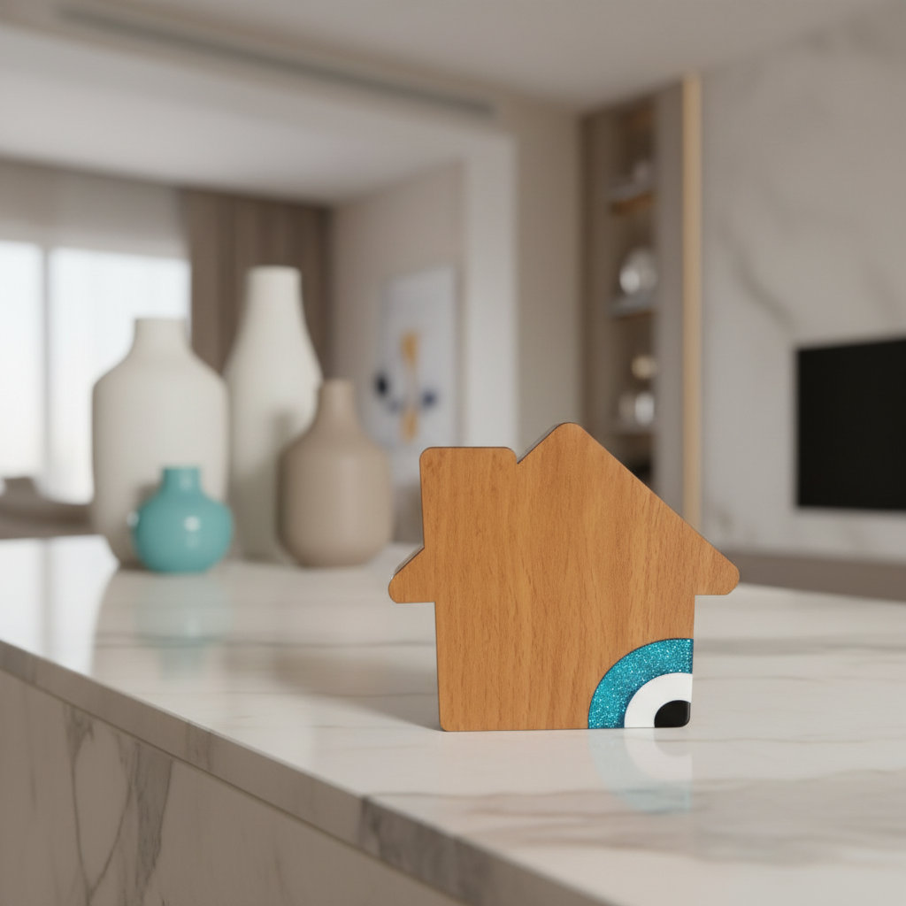 Wooden house-shaped object with a blue and white eye design on a neutral background