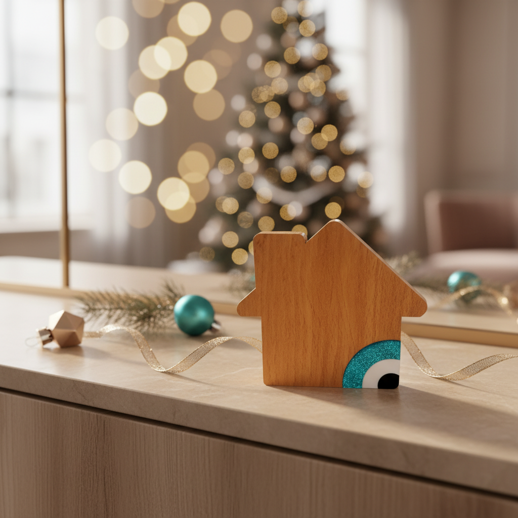 Wooden house-shaped object with a blue and white eye design on a festive background