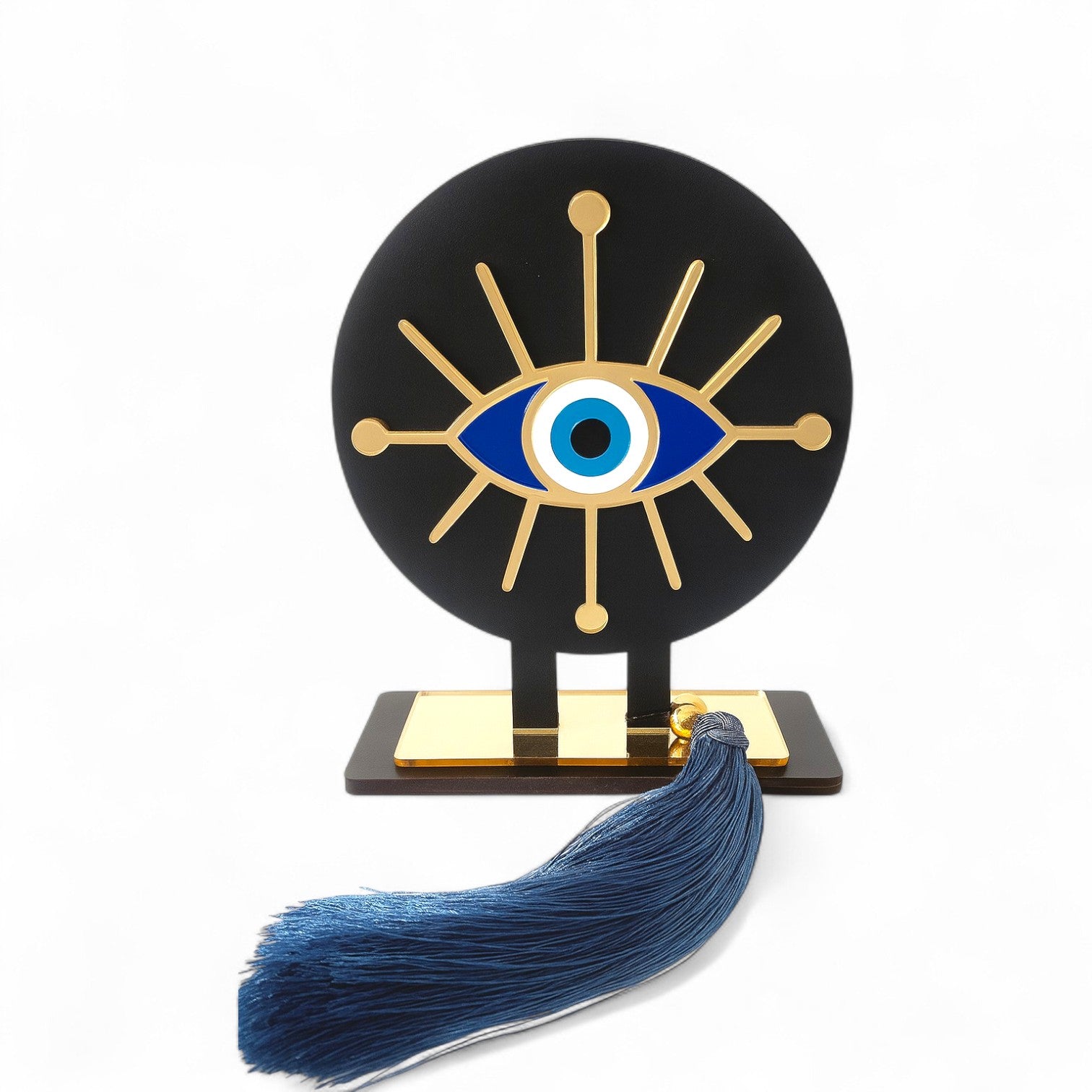 Ethnic Eye γούρι χονδρική, επιτραπέζιο χειροποίητο ξύλινο με ethnic μάτι plexiglass, ακτίνες & μπλε φούντα – So Cute by Dimi