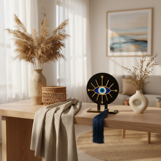 Ethnic Eye γούρι χονδρική, επιτραπέζιο χειροποίητο ξύλινο με ethnic μάτι plexiglass, ακτίνες & μπλε φούντα – So Cute by Dimi