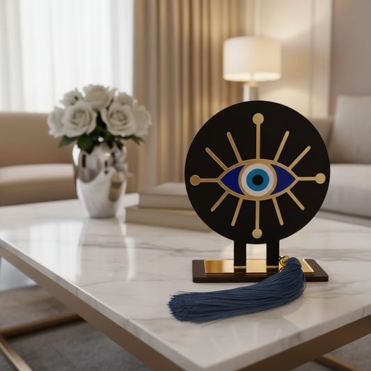 Ethnic Eye γούρι χονδρική, επιτραπέζιο χειροποίητο ξύλινο με ethnic μάτι plexiglass, ακτίνες & μπλε φούντα – So Cute by Dimi