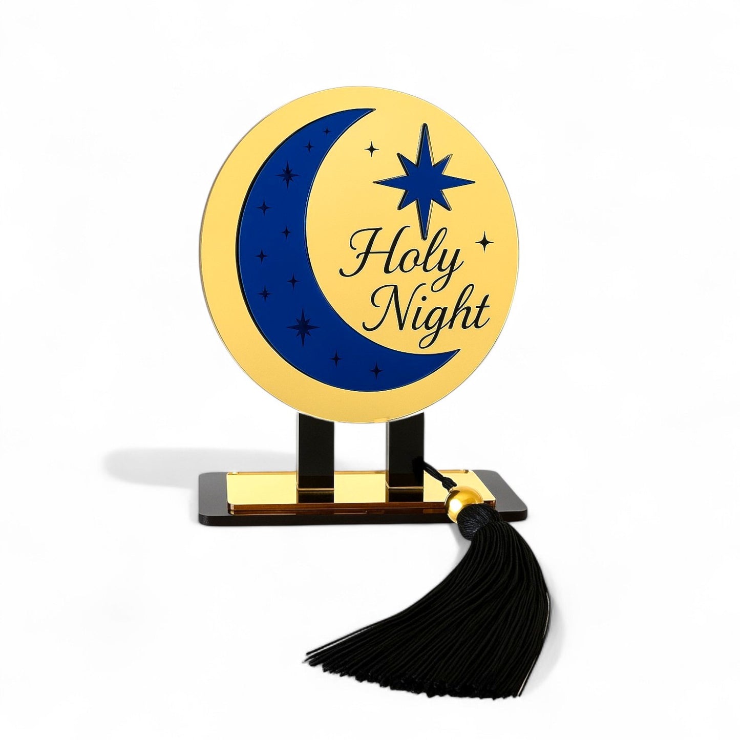 Holy Night γούρι χονδρική, επιτραπέζιο χειροποίητο plexiglass με φεγγάρι, αστέρι & μαύρη φούντα – So Cute by Dimi