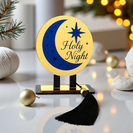 Holy Night γούρι χονδρική, επιτραπέζιο χειροποίητο plexiglass με φεγγάρι, αστέρι & μαύρη φούντα – So Cute by Dimi