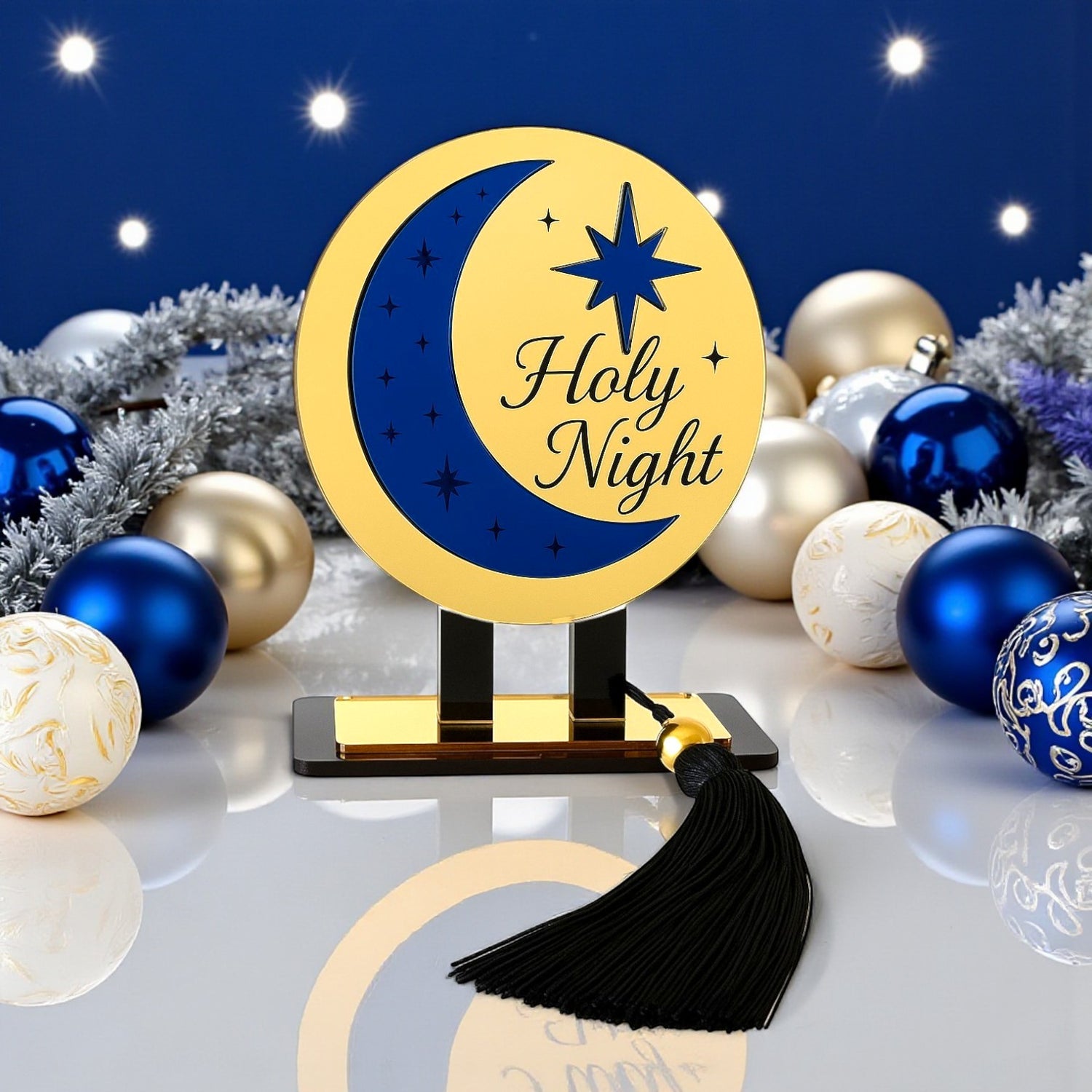 Holy Night γούρι χονδρική, επιτραπέζιο χειροποίητο plexiglass με φεγγάρι, αστέρι & μαύρη φούντα – So Cute by Dimi