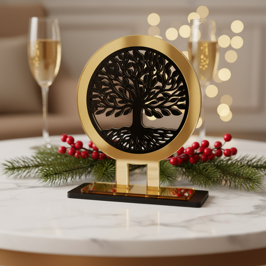 Tree of Life γούρι χονδρική, επιτραπέζιο χειροποίητο ξύλο & χρυσό plexiglass με Δέντρο Ζωής – So Cute by Dimi