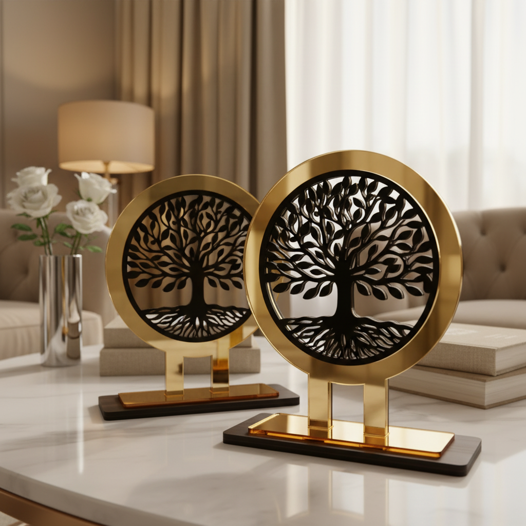 Tree of Life γούρι χονδρική, επιτραπέζιο χειροποίητο ξύλο & χρυσό plexiglass με Δέντρο Ζωής – So Cute by Dimi