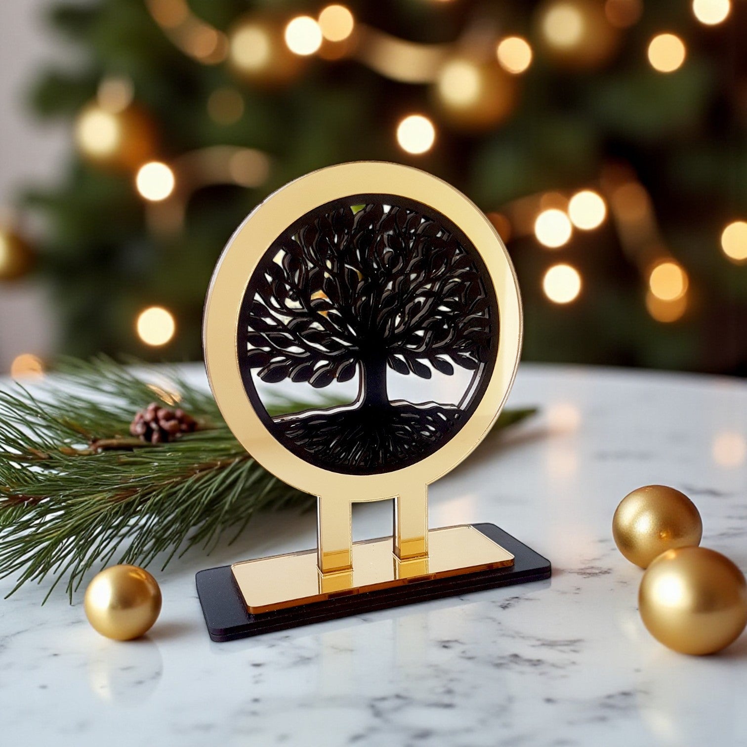 Tree of Life γούρι χονδρική, επιτραπέζιο χειροποίητο ξύλο & χρυσό plexiglass με Δέντρο Ζωής – So Cute by Dimi