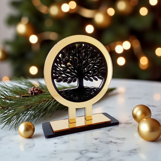 Tree of Life γούρι χονδρική, επιτραπέζιο χειροποίητο ξύλο & χρυσό plexiglass με Δέντρο Ζωής – So Cute by Dimi