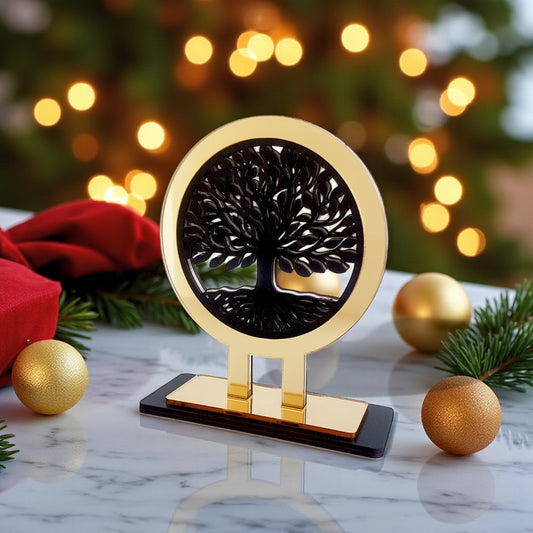 Tree of Life γούρι χονδρική, επιτραπέζιο χειροποίητο ξύλο & χρυσό plexiglass με Δέντρο Ζωής – So Cute by Dimi
