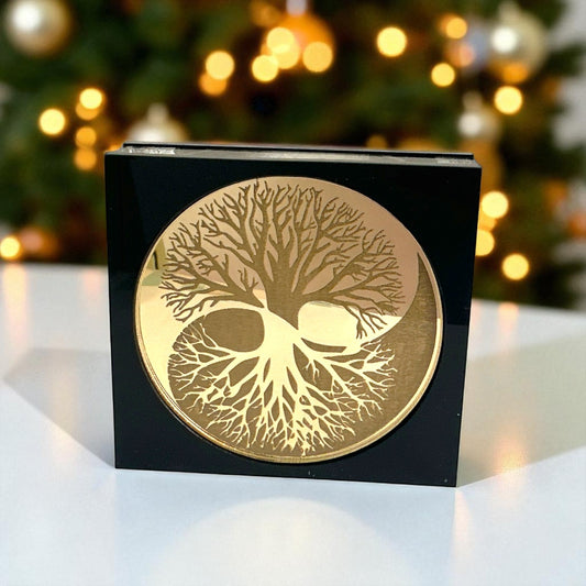 Yin Yang Tree γούρι χονδρική, επιτραπέζιο χειροποίητο ξύλο & χρυσό plexiglass με Δέντρο Ζωής & Yin Yang – So Cute by Dimi