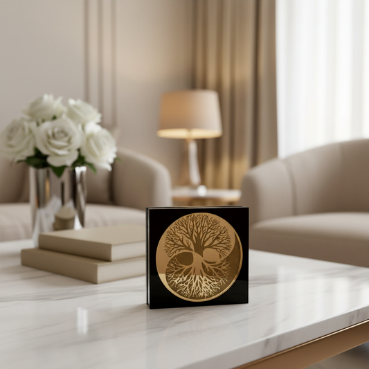 Yin Yang Tree γούρι χονδρική, επιτραπέζιο χειροποίητο ξύλο & χρυσό plexiglass με Δέντρο Ζωής & Yin Yang – So Cute by Dimi