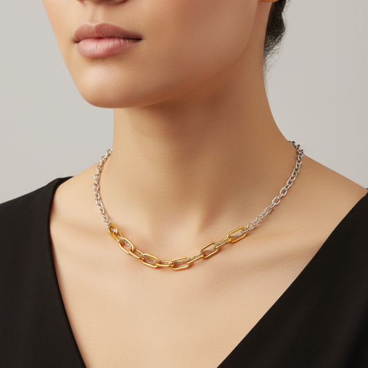 Necklace with gold and silver chain worn by a model against a neutral background