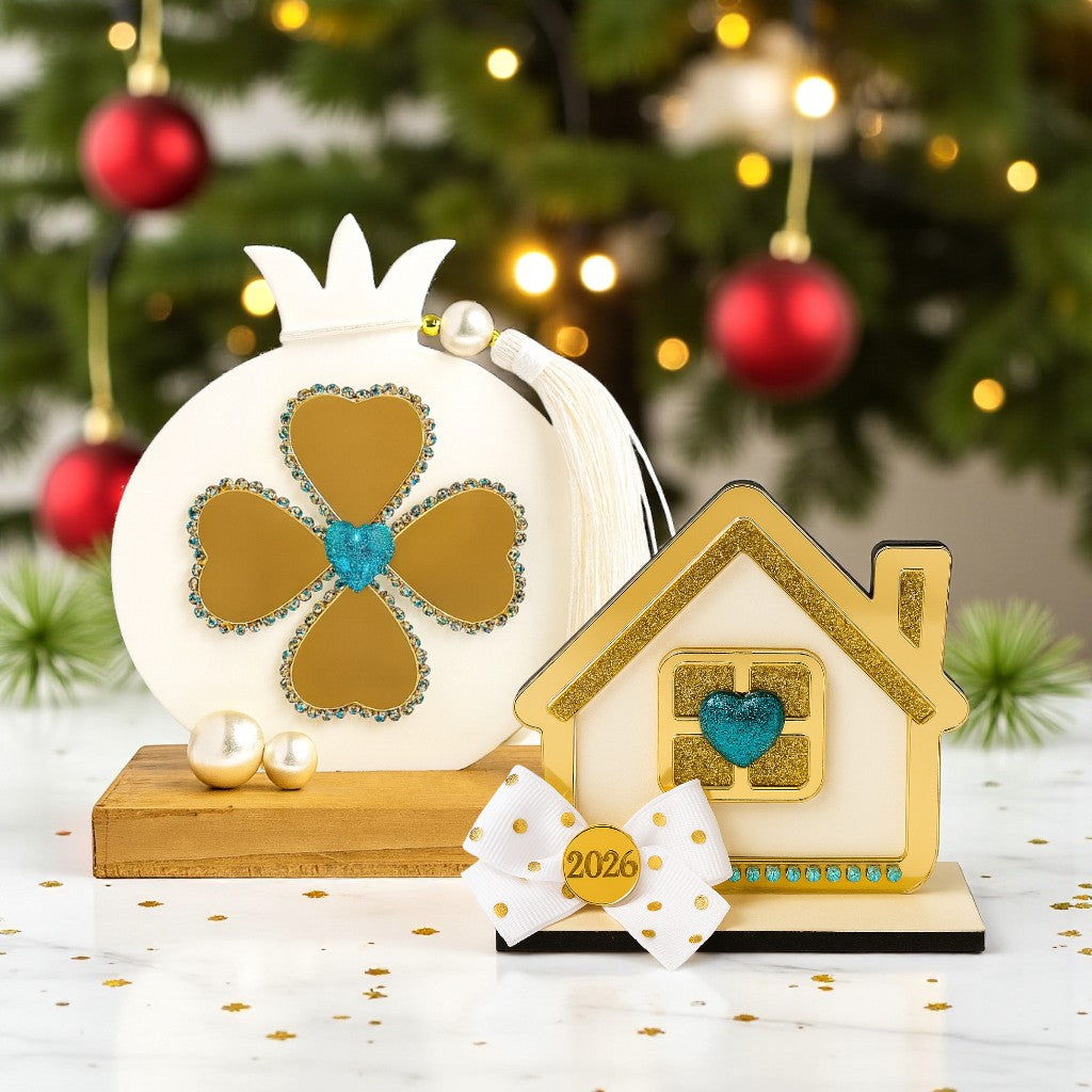 Γούρι ρόδι με καρδιές plexiglass, στρας και φούντα και γούρι σπιτάκι με καρδιά και φιόγκο– Χονδρική So Cute by Dimi