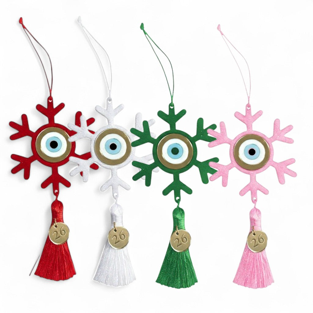 🤍✨ Κρεμαστό Γούρι Νιφάδα με Μάτι & Φούντα – 2026