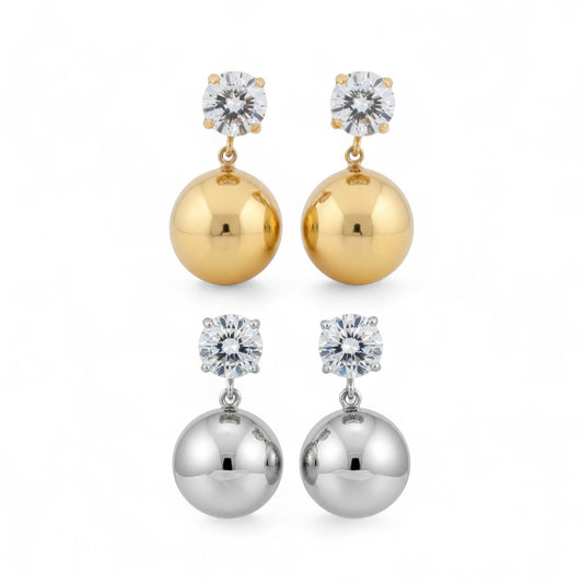 Ατσάλινα Σκουλαρίκια με Ζιργκόν & Στρογγυλή Μεταλλική Σφαίρα | So Cute By Dimi