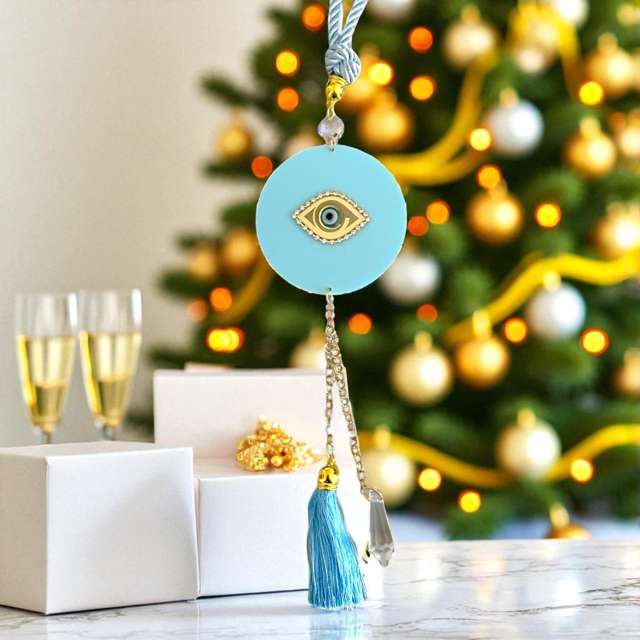 Χειροποίητο γούρι Elegant Eye κρεμαστό με plexiglass μάτι, στρας και κρύσταλλο – χονδρική So Cute by Dimi