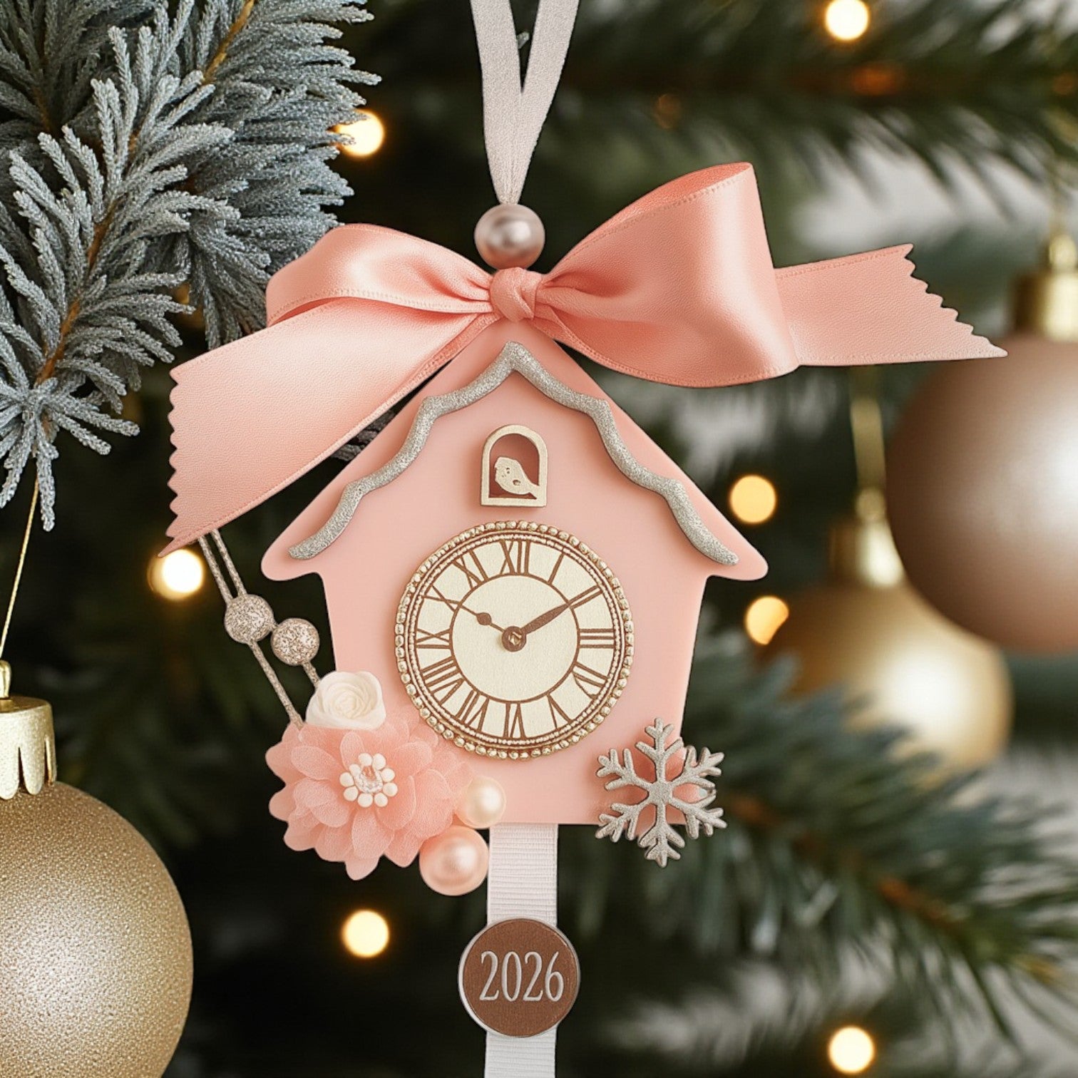 Γούρι Fairytale Clock 2026, χειροποίητο κρεμαστό ρολόι με φιόγκο dusty pink, πέρλες & λουλούδια – Christmas Fairytale