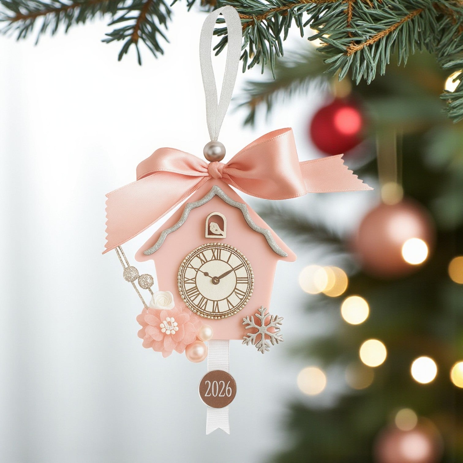 Γούρι Fairytale Clock 2026, χειροποίητο κρεμαστό ρολόι με φιόγκο dusty pink, πέρλες & λουλούδια – Christmas Fairytale