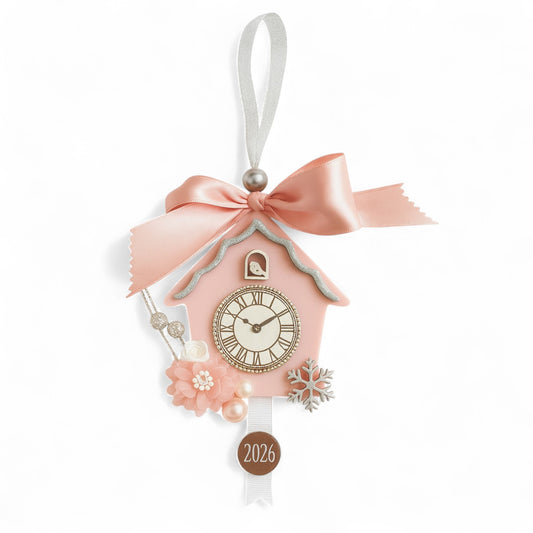 Γούρι Fairytale Clock 2026, χειροποίητο κρεμαστό ρολόι με φιόγκο dusty pink, πέρλες & λουλούδια – Christmas Fairytale