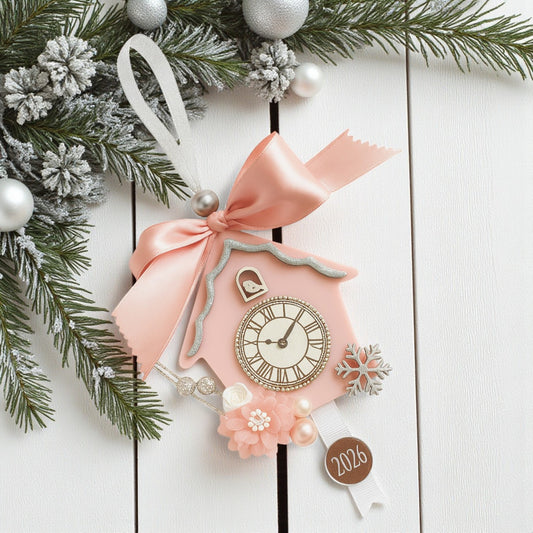 Γούρι Fairytale Clock 2026, χειροποίητο κρεμαστό ρολόι με φιόγκο dusty pink, πέρλες & λουλούδια – Christmas Fairytale