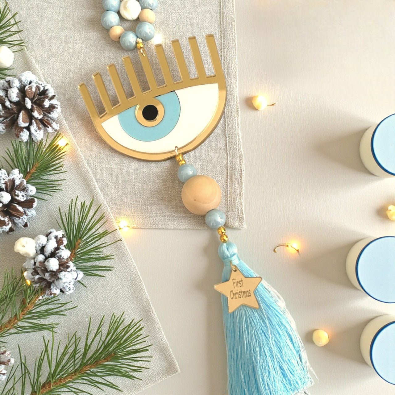 🤍✨ Γούρι First Christmas με Μάτι, Φούντα & Αστεράκι | Plexiglass Χρυσός Καθρέφτης