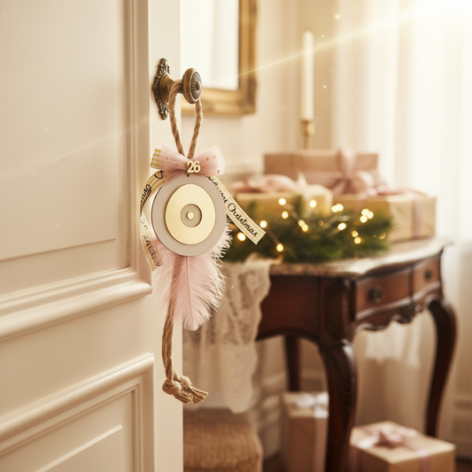 Κρεμαστό boho γούρι μάτι με χρυσό καθρέφτη, λευκή βάση και ροζ φτερό, So Cute by DImi χονδρική