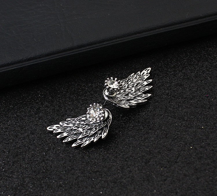 Angel Wing shaped stud earrings with crystal, pack of 1 set (1 pair of 2 pcs)