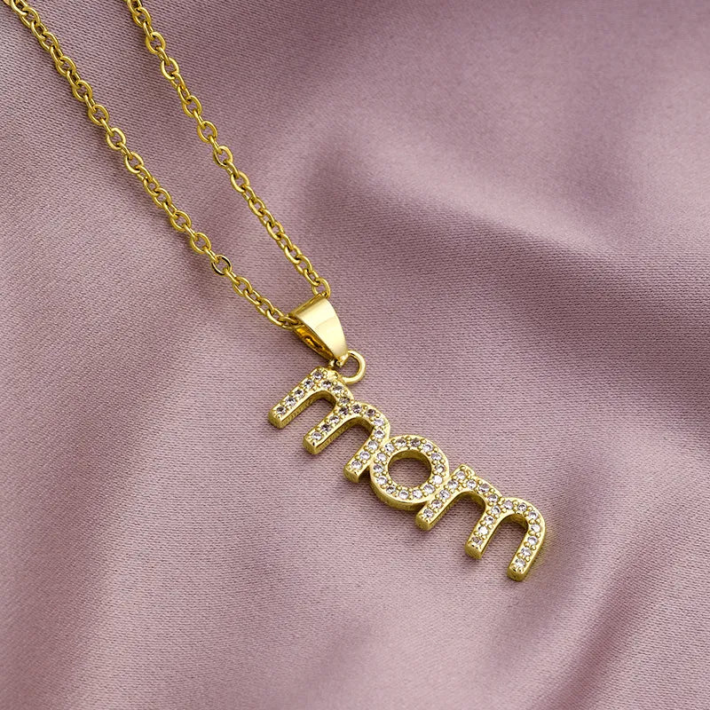 MAMA Simple Style Letter Stainless Steel Plating Inlay Zircon Pendant Necklace
