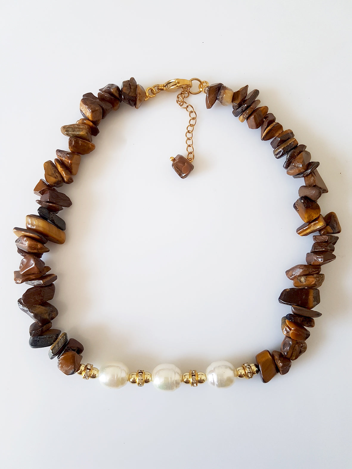 Κολιέ με τσιπς tiger eye και πέρλες