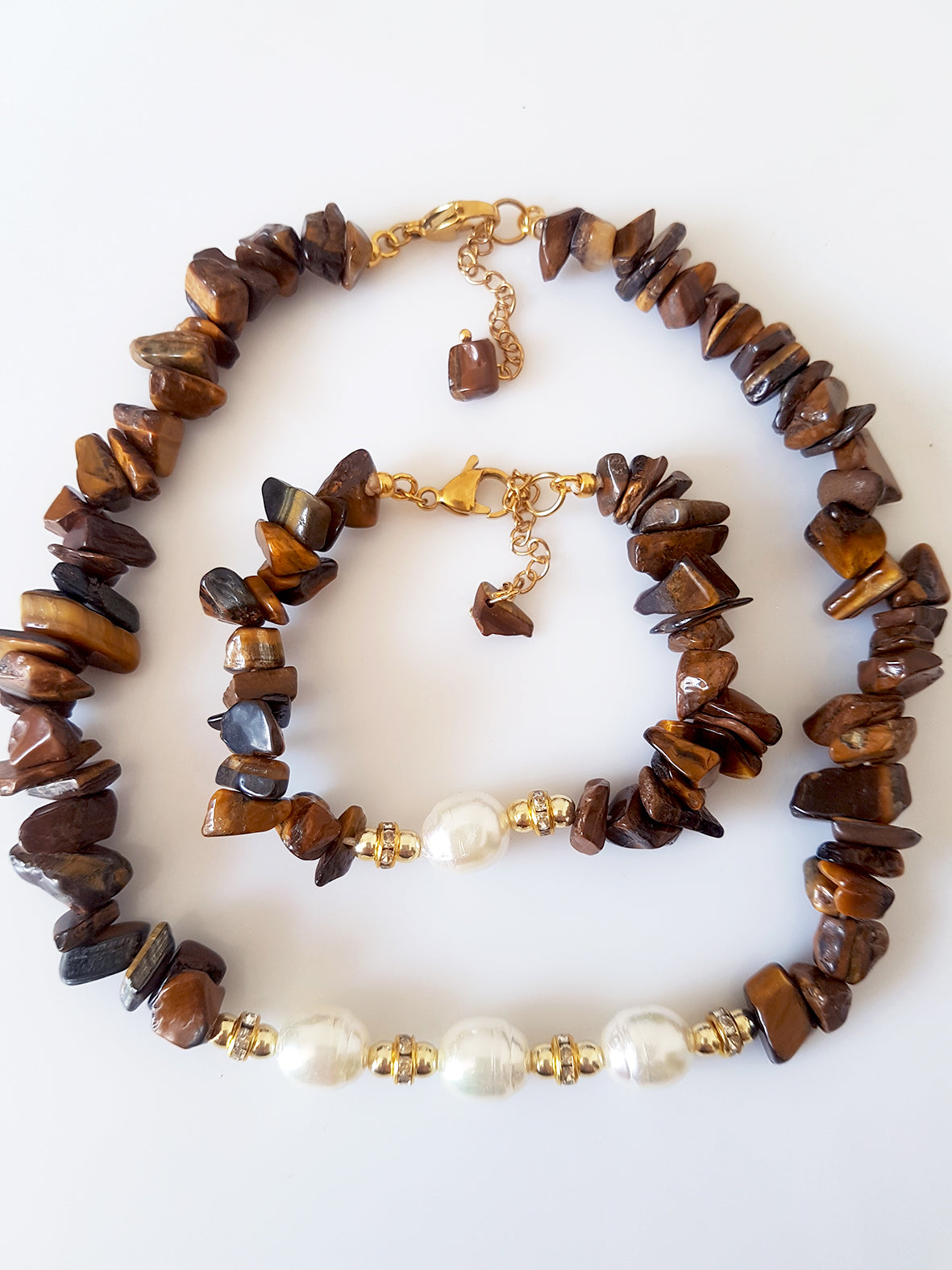 Κολιέ με τσιπς tiger eye και πέρλες