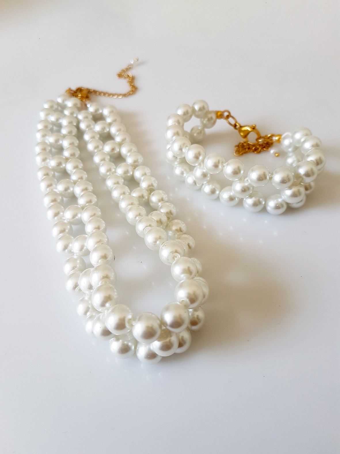 Χειροποίητο βραχιόλι και κολιε με διπλή σειρά γυάλινες πέρλες και ατσάλινο κούμπωμα – So Cute by Dimi