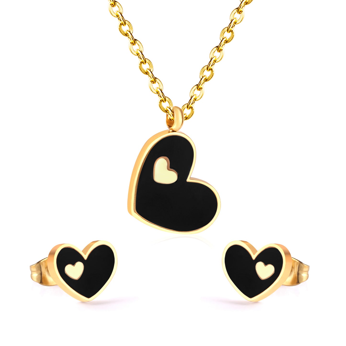 Sweet Heart Shape Stainless Steel Earrings Necklace 1 Set