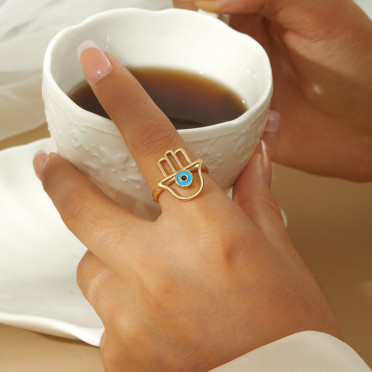 Fashion Hand Of Fatima Eye Copper Enamel Gold Plated Open Ring