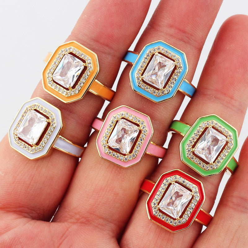 Retro Hexagon Copper Gold Plated Inlay Zircon Ring Pack of 2 pieces