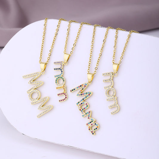 MAMA Simple Style Letter Stainless Steel Plating Inlay Zircon Pendant Necklace