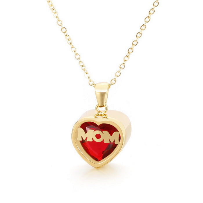 MAMA Simple Style Heart Shape Titanium Steel Inlay Birthstone Zircon Pendant Necklace