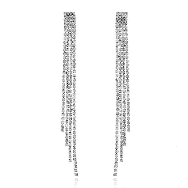 Fashion Simple Long Tassel Rhinestone Inlaid Geometric Earrings - SoCuteb2b