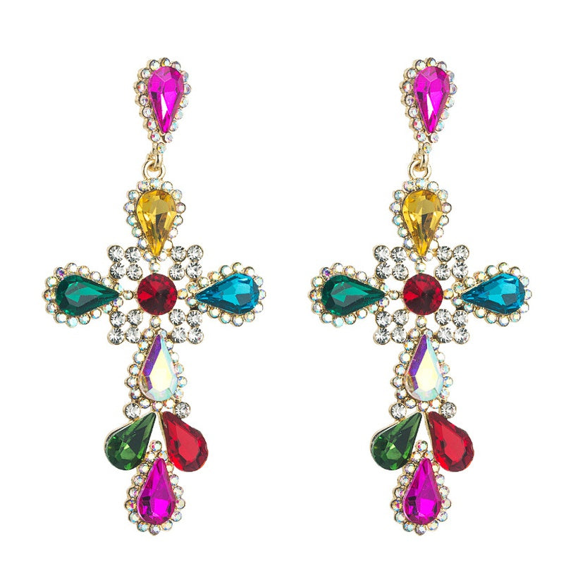 Fashion Cross Alloy Inlay Rhinestone Earrings - SoCuteb2b