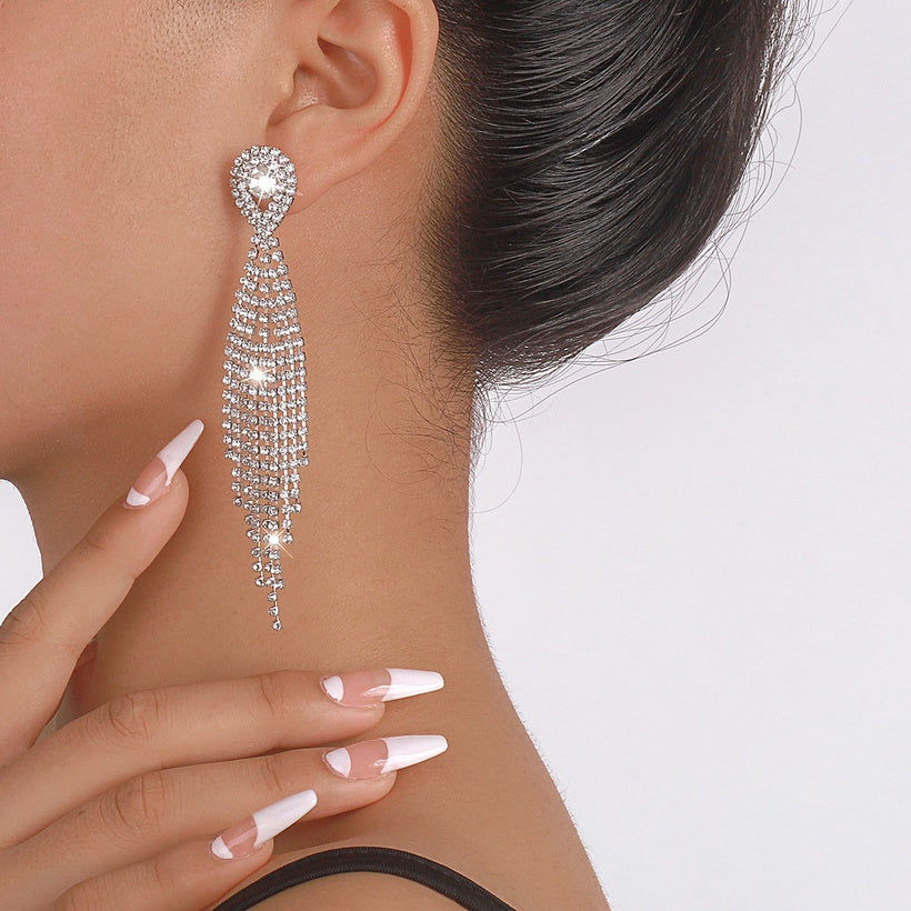 Fashion Geometric Rhinestone Tassel Earrings - SoCuteb2b