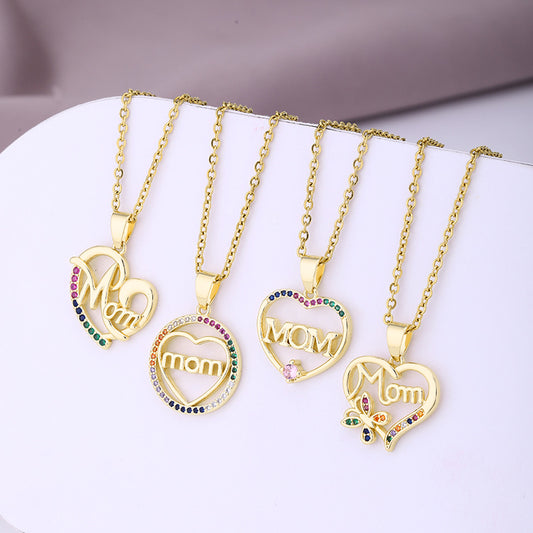 MAMA Letter Stainless Steel Plating Zircon Pendant Necklace - 10 designs