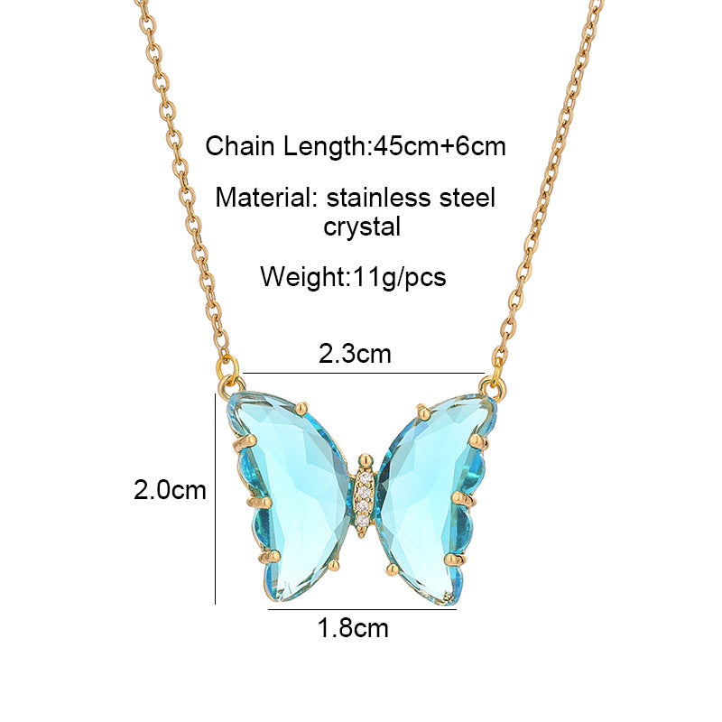 Butterfly Titanium Steel Inlay Crystal Pendant Necklace